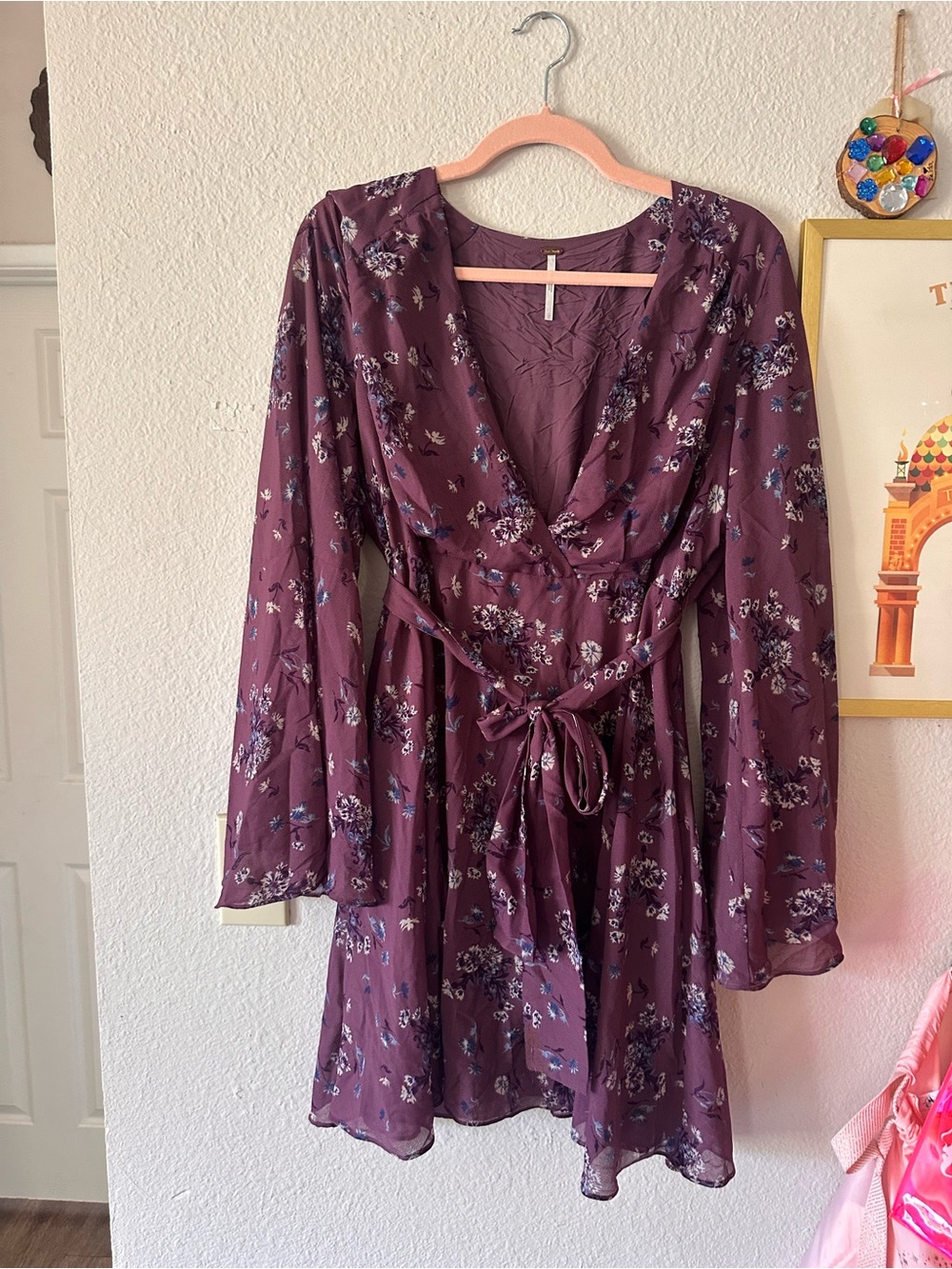 Free People Bell Sleeve Purple Floral Boho Dress Size 12